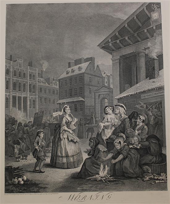 William Hogarth Morning, Noon, Evening and Night and Strolling Actresses dressing in a barn, 19.5 x 16in. & 18 x 22.5in., unframed